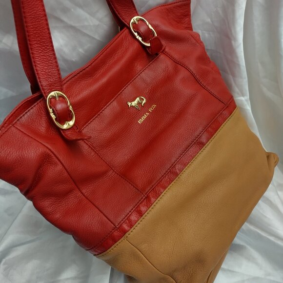 * Emma Fox Beautiful LEATHER Handbag LARGE Red Yellow Brown Huge Interior Gold - Picture 9 of 16